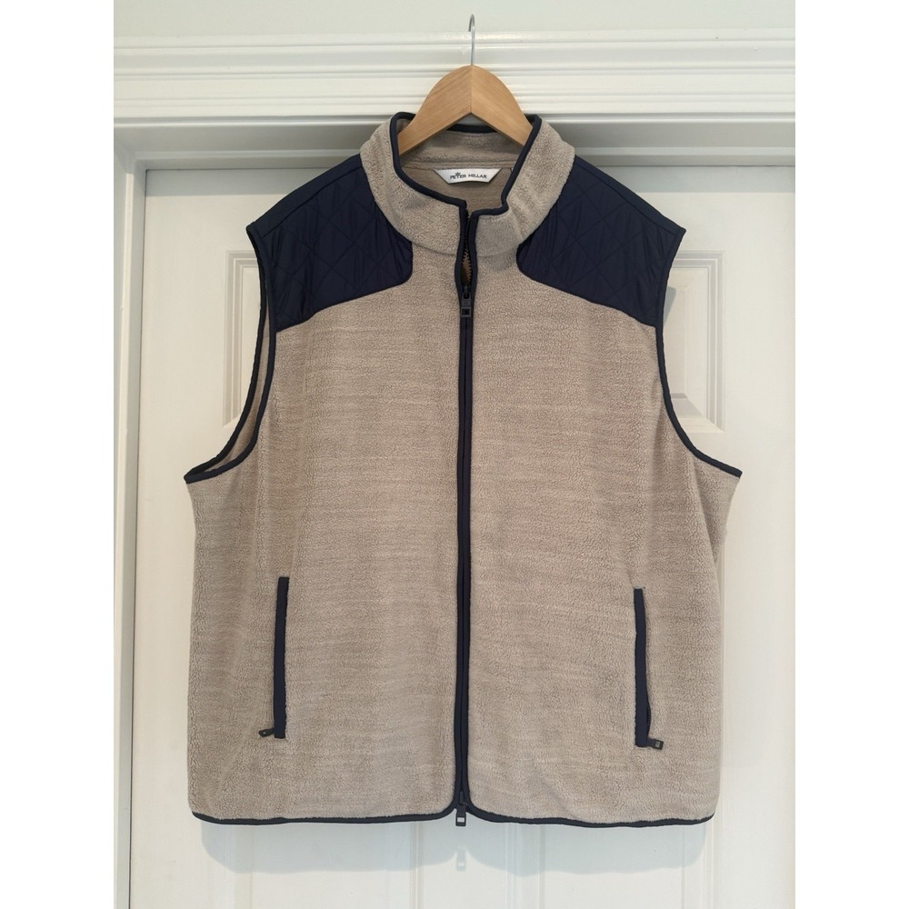 Peter Millar Sherpa Fleece Vest Mens XXL Tan Navy Full Zip Quilted Golf Preppy
